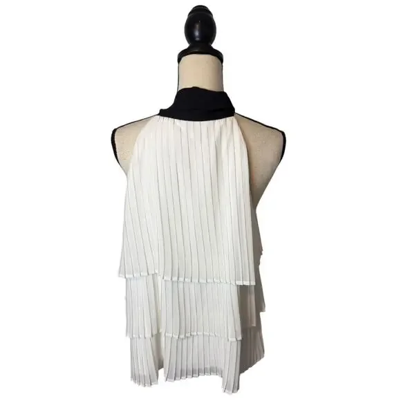 White House Black Market Bow-Neck Pleated Blouse Womens Size 12 White/Black - Picture 4 of 8